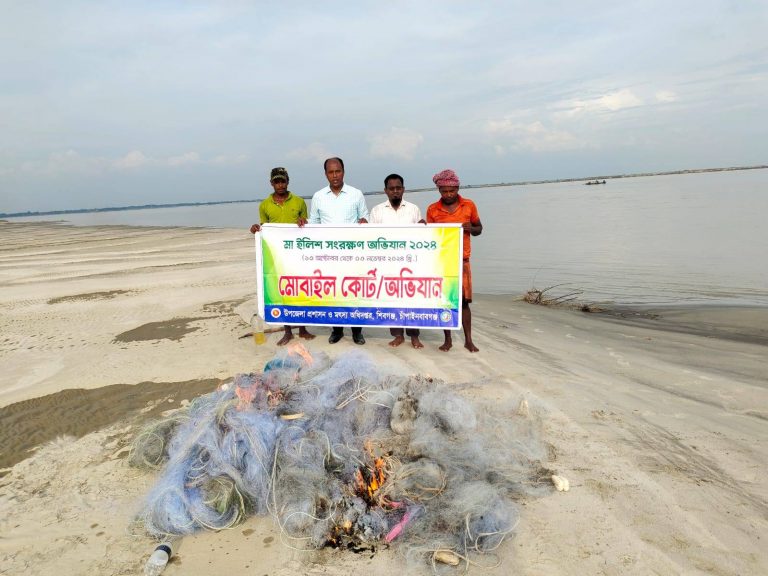 পদ্মায় অভিযানে জব্দ ৮১ কেজি ইলিশ ও নিষিদ্ধ জাল 