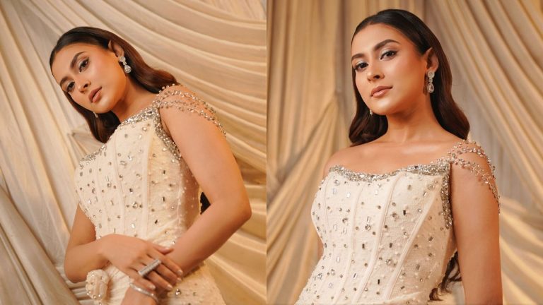 আভিজাত্যপূর্ণ সাদা গাউনে গ্ল্যামারাস মেহজাবীন